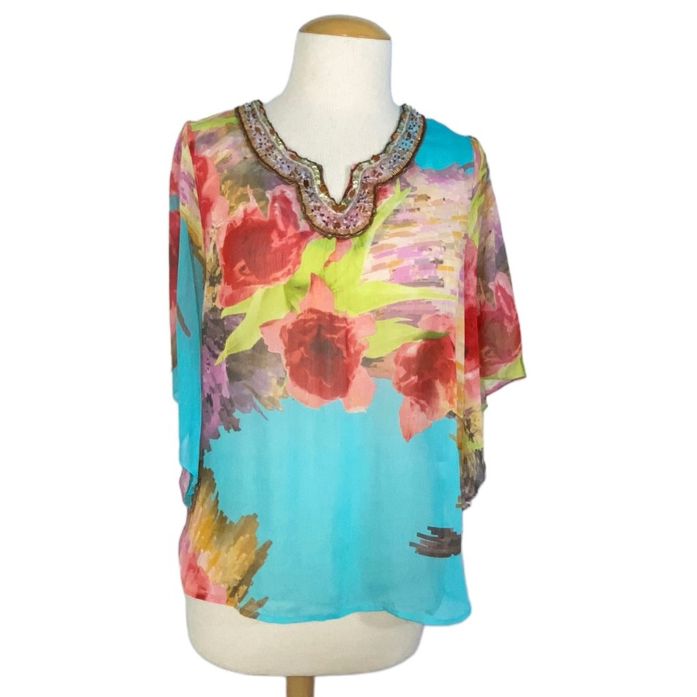 Mushka Sienna Rose XL Floral Sheer Top Elbow Length Sleeves Sequin Neckline NWT